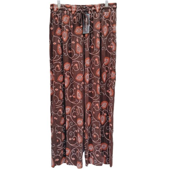 Urban Mangoz Embroidered Print Pants Wide Leg Size XL Brown Orange Floral NWT - Picture 1 of 12